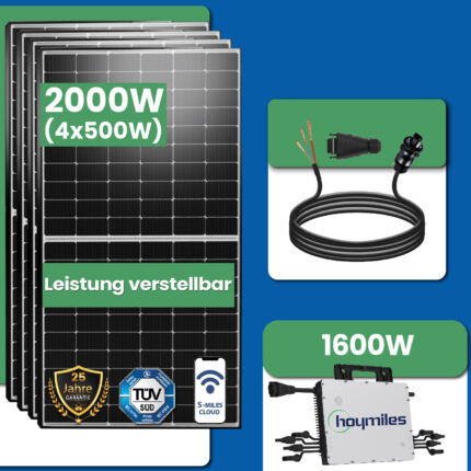 2000W Photovoltaik Balkonkraftwerk mit EPP 500W Solarmodule, Hoymiles HMS-1600-4T Wechselrichter und 10m Wielandstecker